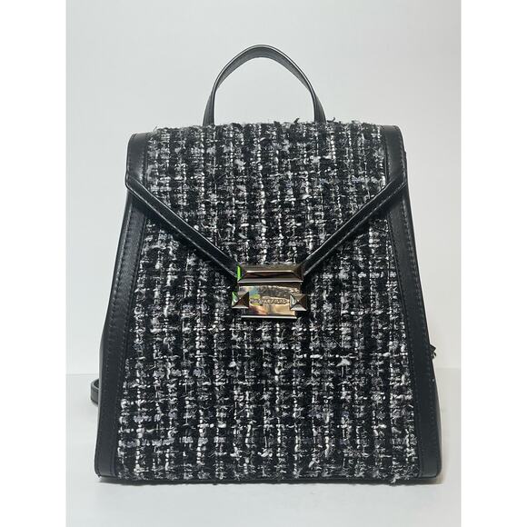 Michael Kors Whitney Medium Backpack Black Leather Tweed Bag - Preowned - Picture 1 of 12